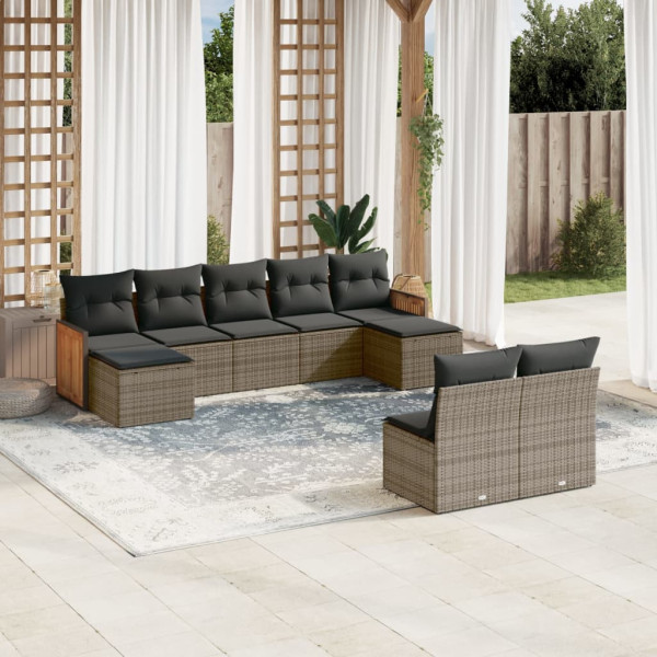 Set de muebles de jardín 9 pzas y cojines ratán sintético gris M 4