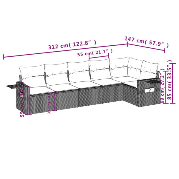 6 pcs conjunto sofás de jardim com almofadões vime cinzento M 3