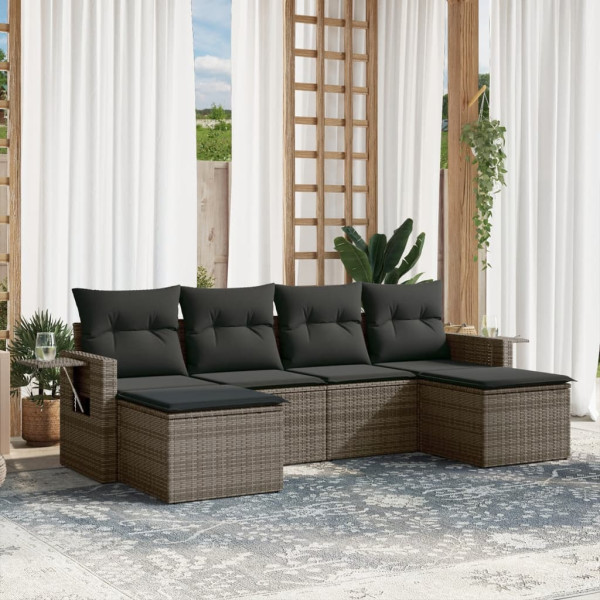 6 pcs conjunto sofás de jardim com almofadões vime cinzento D