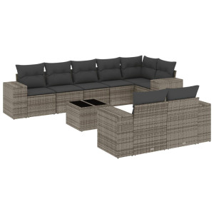 Set de muebles de jardín 9 pzas y cojines ratán sintético gris H