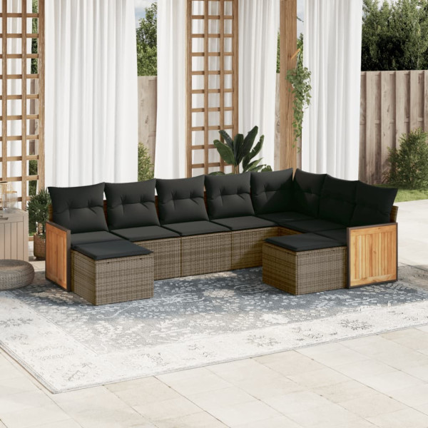 9 pcs conjunto sofás p/ jardim com almofadões vime PE cinzento D