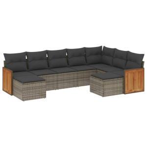 9 pcs conjunto sofás p/ jardim com almofadões vime PE cinzento H