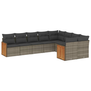 9 pcs conjunto sofás p/ jardim com almofadões vime PE cinzento H