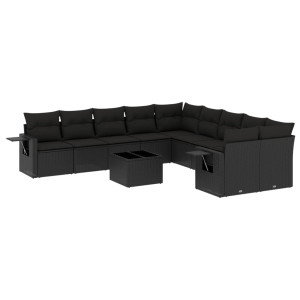 11 pcs conjunto sofás de jardim c/ almofadões vime PE preto H