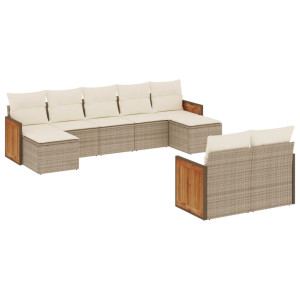 Set de sofás de jardín 9 pzas con cojines ratán sintético beige H