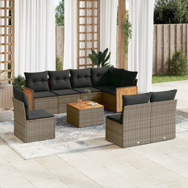 9 pcs conjunto sofás p/ jardim com almofadões vime PE cinzento D