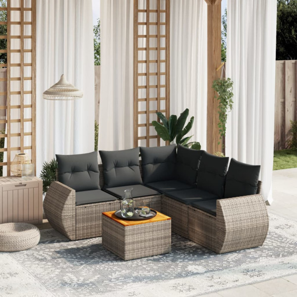 6 pcs conjunto sofás de jardim com almofadões vime cinzento D