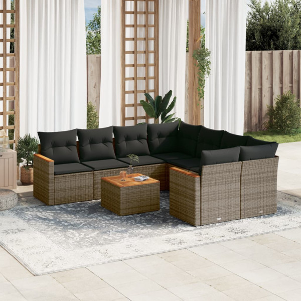 9 pcs conjunto sofás p/ jardim com almofadões vime PE cinzento D