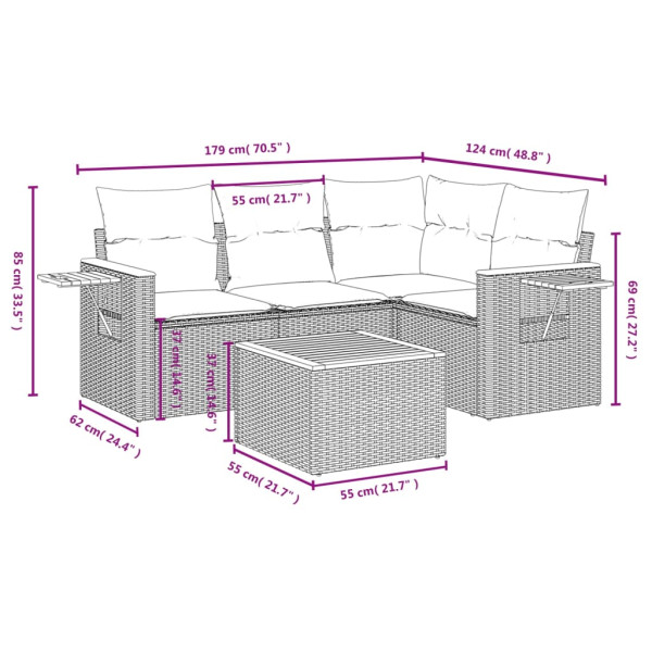 5 pcs conjunto sofás de jardim com almofadões vime PE preto M 3