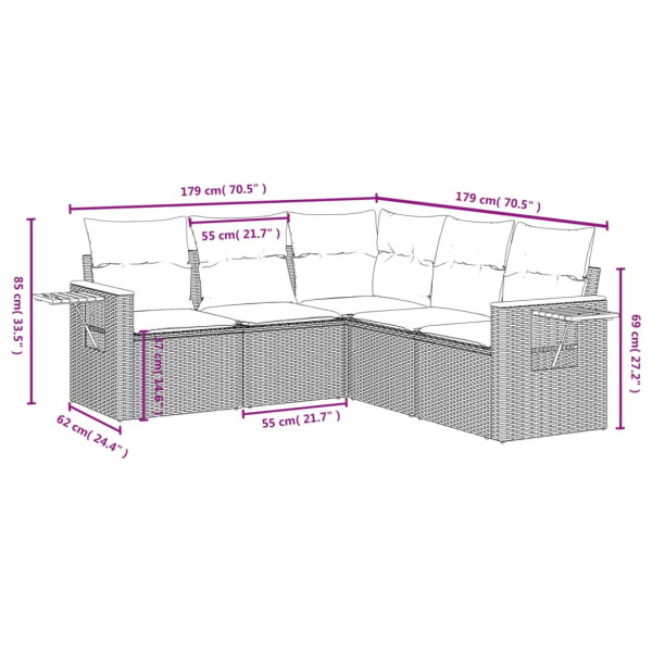 5 pcs conjunto sofás de jardim com almofadões vime PE preto M 3