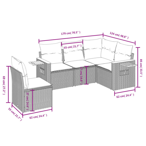 Set de muebles de jardín 5 pzas y cojines ratán sintético negro M 3