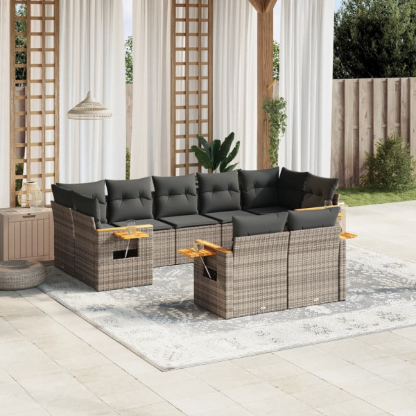 Set de muebles de jardín 9 pzas y cojines ratán sintético gris D