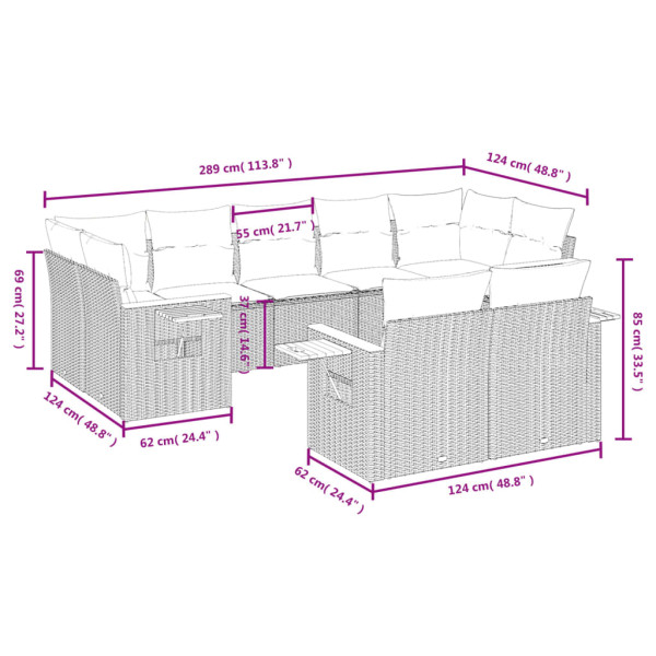 9 pcs conjunto sofás p/ jardim com almofadões vime PE cinzento M 3