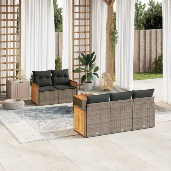 Set de muebles de jardín 6 pzas y cojines ratán sintético gris D
