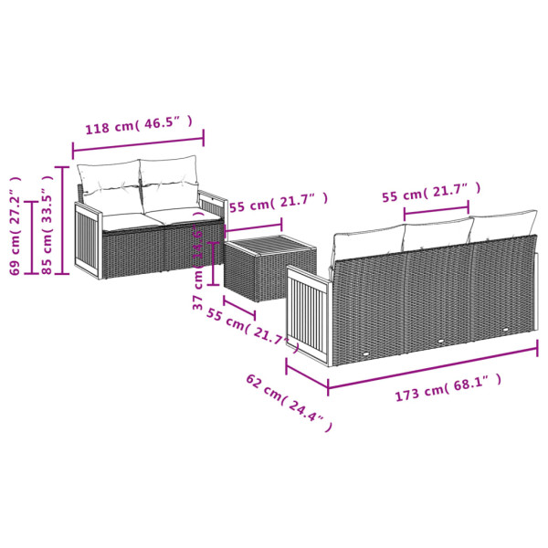 Set de muebles de jardín 6 pzas y cojines ratán sintético gris M 3