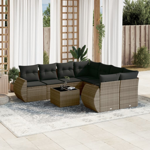 9 pcs conjunto sofás p/ jardim com almofadões vime PE cinzento D