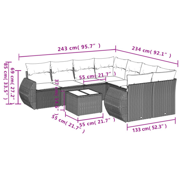 Set de muebles de jardín 9 pzas y cojines ratán sintético gris M 3