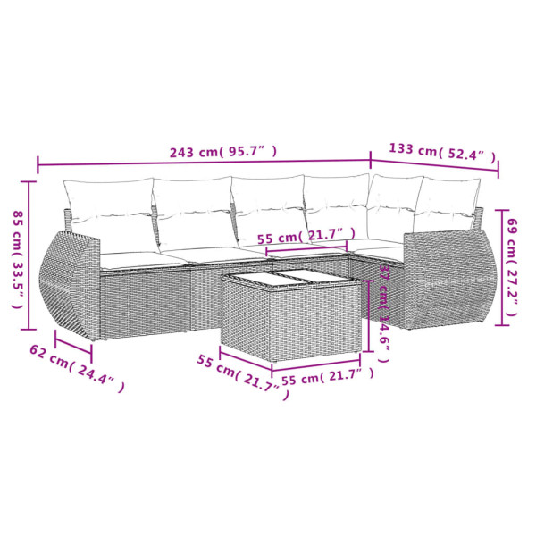 Set de muebles de jardín 6 pzas y cojines ratán sintético gris M 3