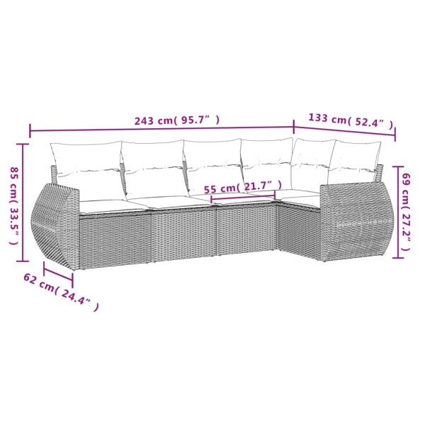 5 pcs conjunto sofás de jardim com almofadões vime PE preto M 3
