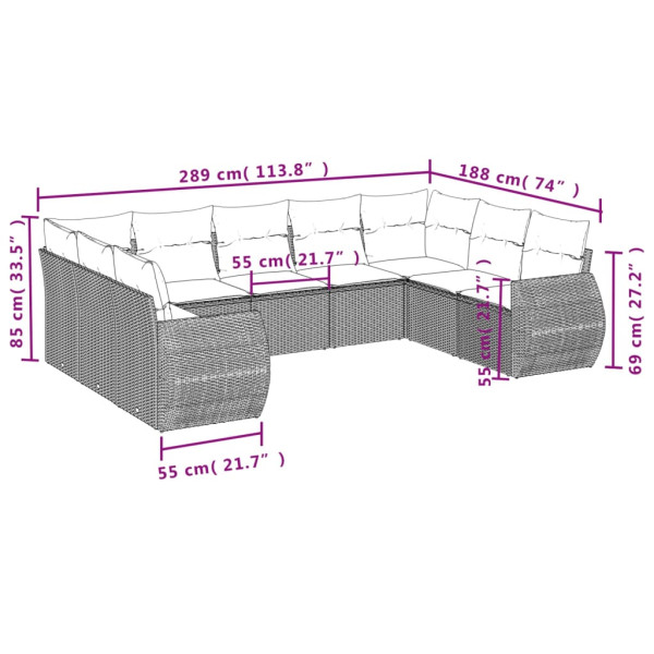 Set de muebles de jardín 9 pzas y cojines ratán sintético gris M 3