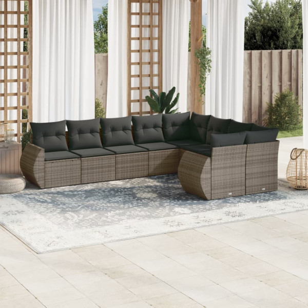 9 pcs conjunto sofás p/ jardim com almofadões vime PE cinzento D
