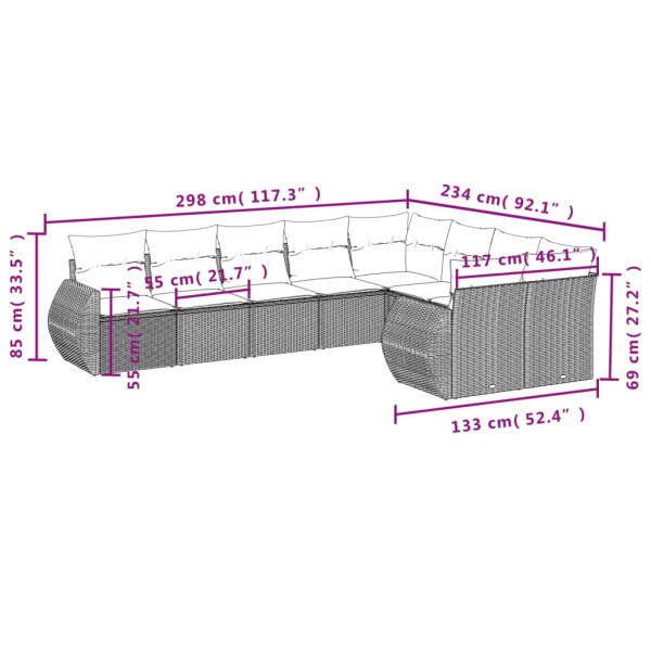 Set de muebles de jardín 9 pzas y cojines ratán sintético gris M 3