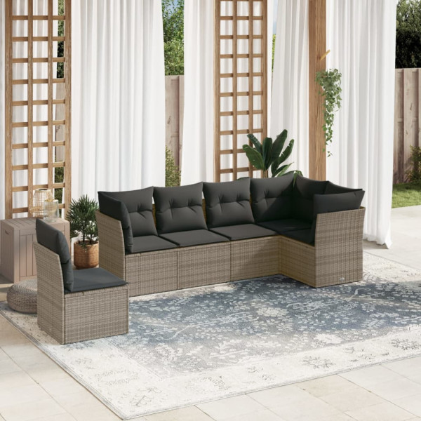 Set de muebles de jardín 6 pzas y cojines ratán sintético gris D