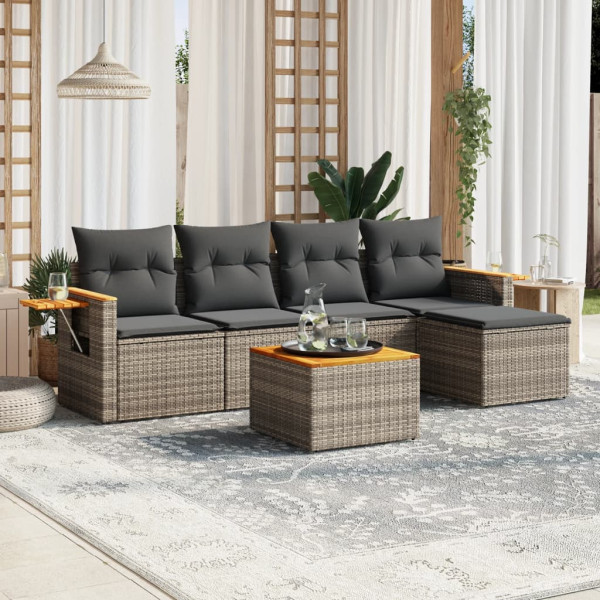 Set de muebles de jardín 6 pzas y cojines ratán sintético gris D