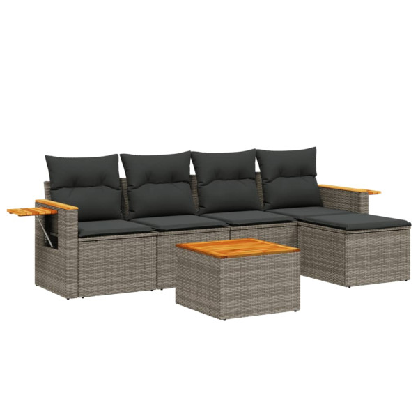 Set de muebles de jardín 6 pzas y cojines ratán sintético gris M 2