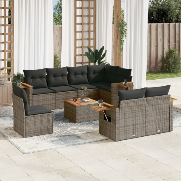 Set de muebles de jardín 9 pzas y cojines ratán sintético gris D