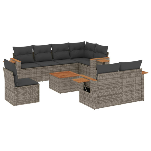 9 pcs conjunto sofás p/ jardim com almofadões vime PE cinzento M 2