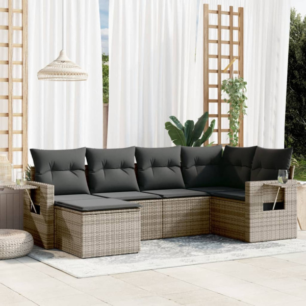 6 pcs conjunto sofás de jardim com almofadões vime cinzento D