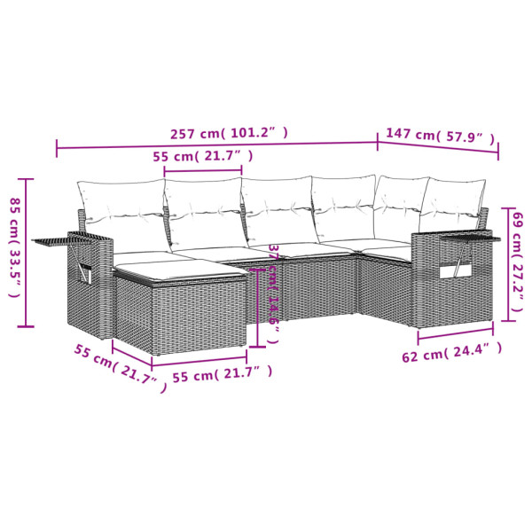 6 pcs conjunto sofás de jardim com almofadões vime cinzento M 3