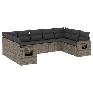 9 pcs conjunto sofás p/ jardim com almofadões vime PE cinzento H