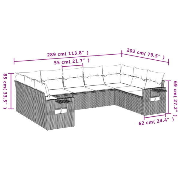 9 pcs conjunto sofás p/ jardim com almofadões vime PE cinzento M 3