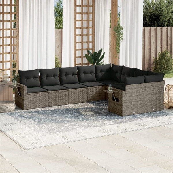 9 pcs conjunto sofás p/ jardim com almofadões vime PE cinzento D
