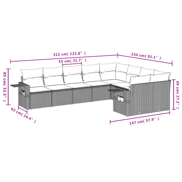 9 pcs conjunto sofás p/ jardim com almofadões vime PE cinzento M 3