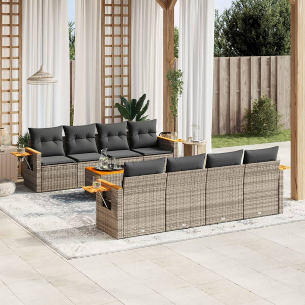 9 pcs conjunto sofás p/ jardim com almofadões vime PE cinzento D