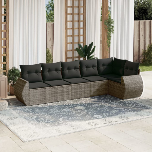 Set de muebles de jardín 6 pzas y cojines ratán sintético gris D