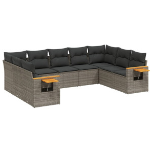 9 pcs conjunto sofás p/ jardim com almofadões vime PE cinzento H