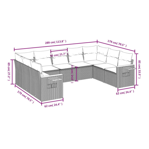 9 pcs conjunto sofás p/ jardim com almofadões vime PE cinzento M 3