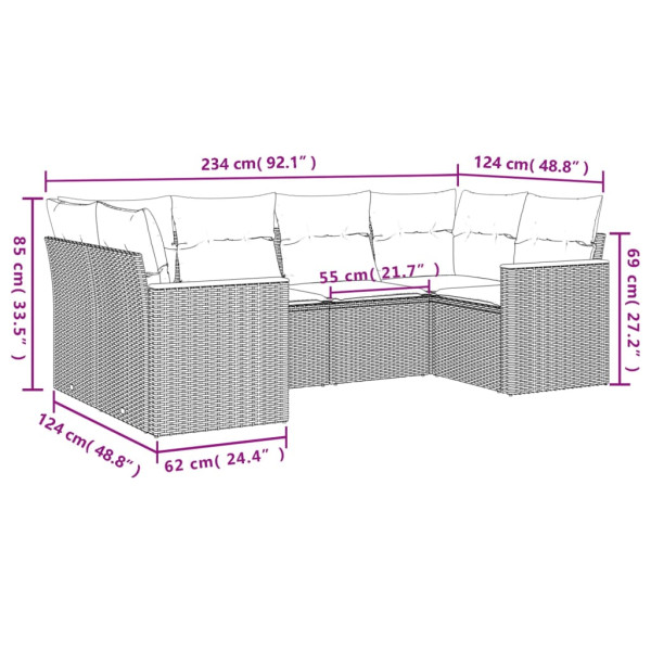 Set de muebles de jardín 6 pzas y cojines ratán sintético gris M 3