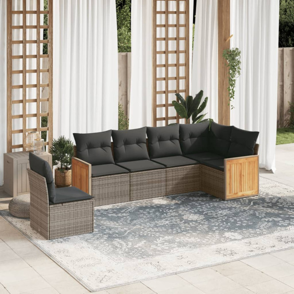 6 pcs conjunto sofás de jardim com almofadões vime cinzento D