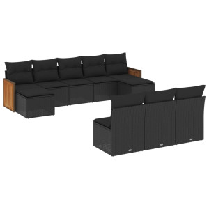 10 pcs conjunto sofás de jardim c/ almofadões vime PE preto H