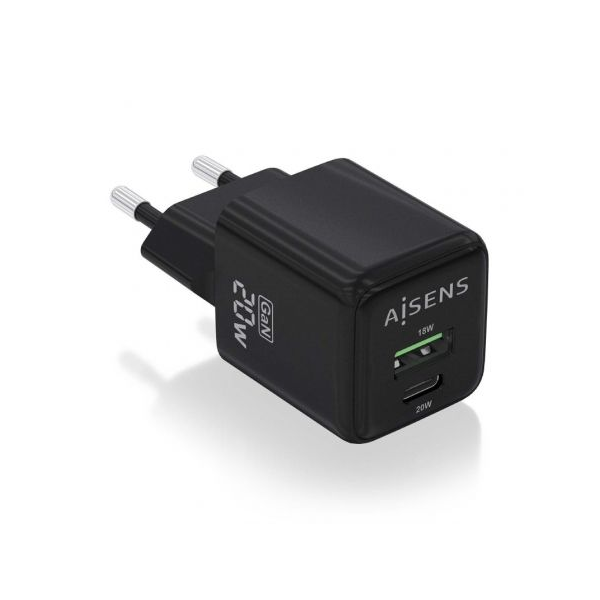 Cargador gan de pared aisens asch-20w2p011-bk/ 1xusb tipo-c/ 1xusb/ 20w D