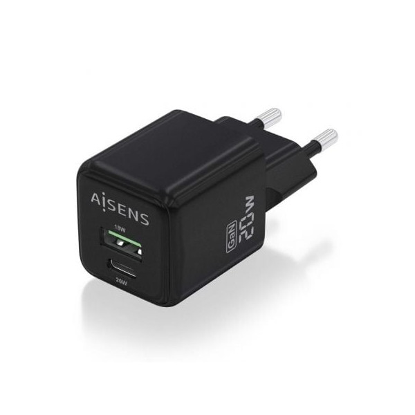 Cargador gan de pared aisens asch-20w2p011-bk/ 1xusb tipo-c/ 1xusb/ 20w M 2