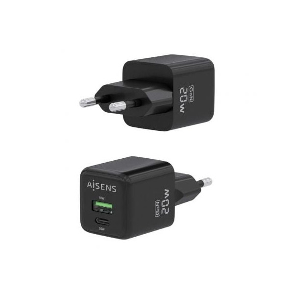 Cargador gan de pared aisens asch-20w2p011-bk/ 1xusb tipo-c/ 1xusb/ 20w M 3