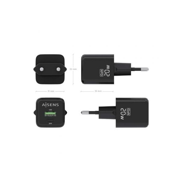 Carregador gan de parede aisens asch-20w2p011-bk/ 1xusb tipo-c/ 1xusb/ 20w M 4