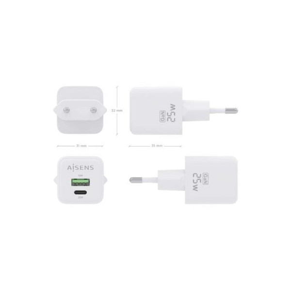 Carregador gan de parede aisens asch-25w2p014-w/ 1xusb tipo-c/ 1xusb/ 25w M 4