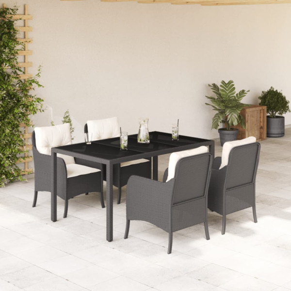 5 pcs conjunto de jantar p/ jardim c/ almofadões vime PE preto D